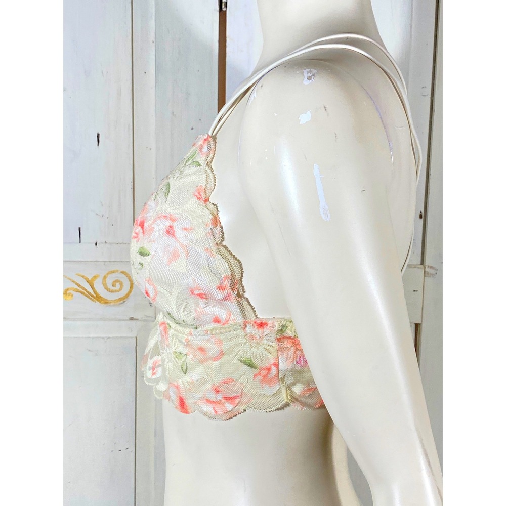 Victoria's Secret PINK Floral Lace Bralette Cream Pink Strappy Back Stretch L - Picture 2 of 7